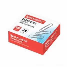 Скрепки BRAUBERG 28 мм никелированные, 100 шт.