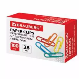 Скрепки BRAUBERG 28 мм цветные, 100 шт., в коробке
